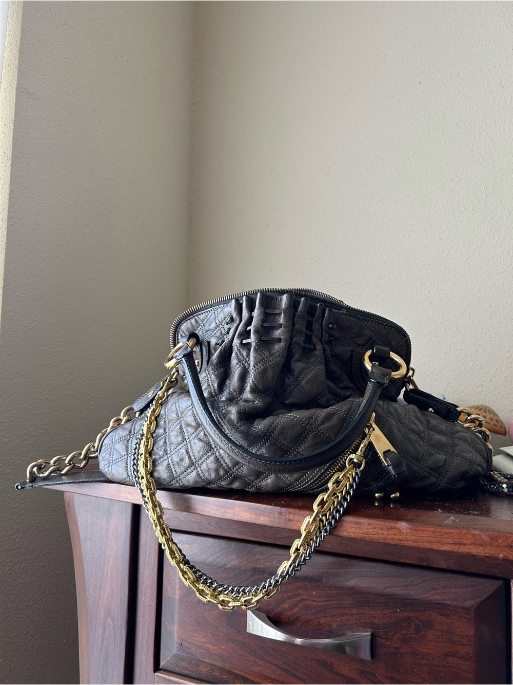 Marc Jacobs Quilted Shoulder Satchel in Olive Green with Gold Hardware